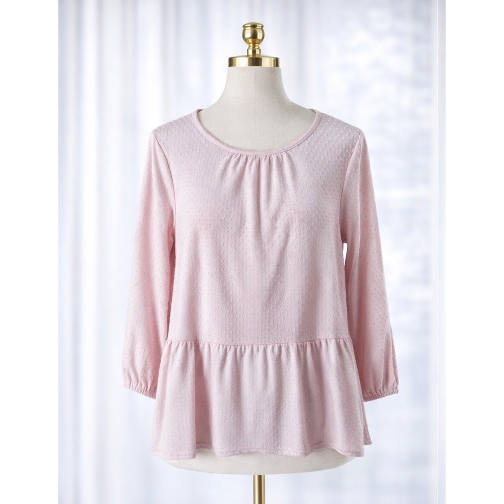 Style &‎ Co. Pink Popover Boho Top Bell Sleeve Tiered  Swiss Dot Textured Large